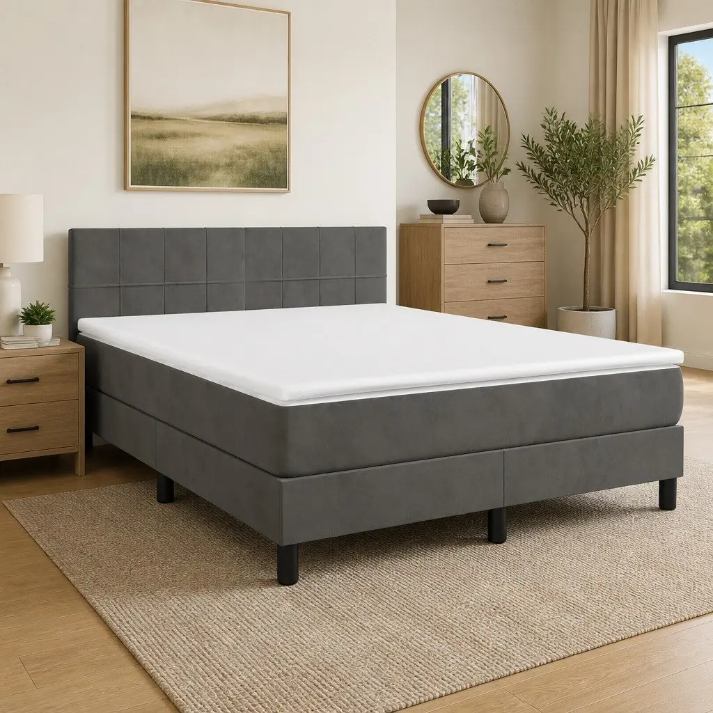 Queen Size Box Spring Bed with Pocket Spring Mattress in Dark Grey Velvet