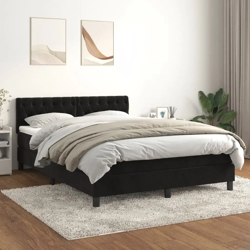 Box Spring Bed Velvet Queen Size Black with Adjustable Headboard and Pocket Spring Mattress