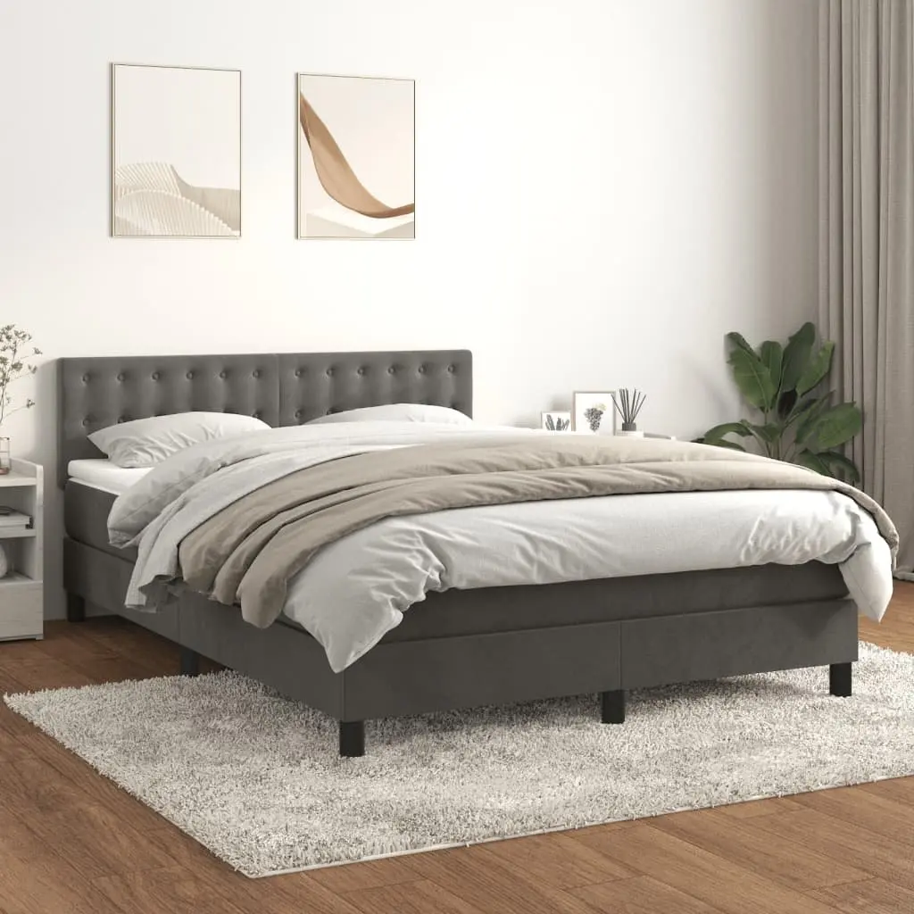 Grey Velvet Box Spring Bed with Pocket Spring Mattress 153x203cm
