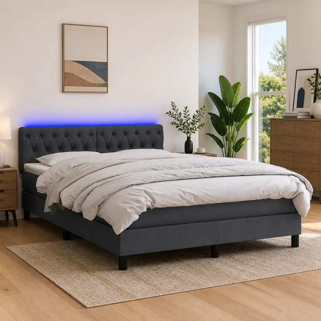 Queen Size Box Spring Bed with Adjustable LED Headboard