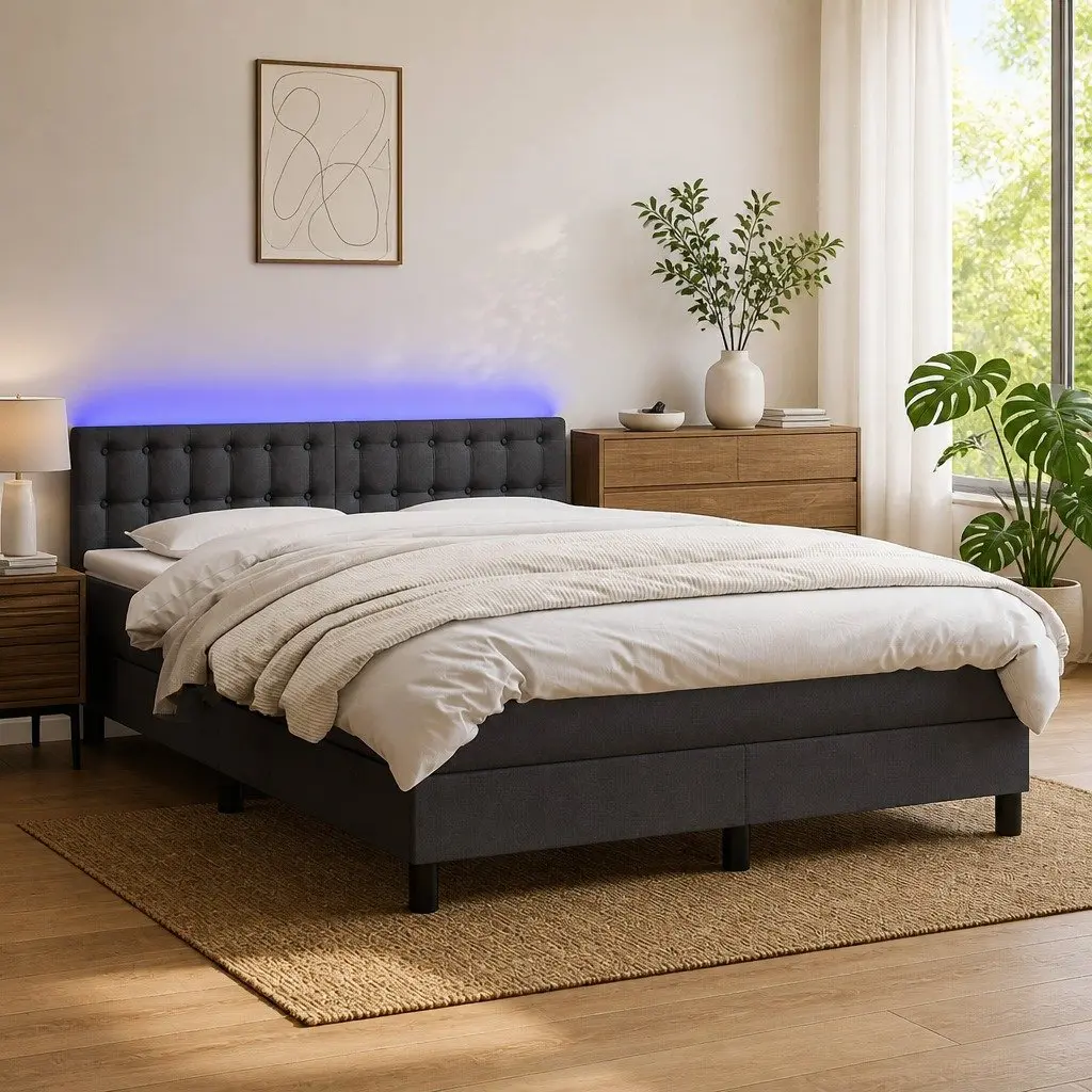 Box Spring Bed Grey Fabric Queen Size with Pocket Spring Mattress and LED Headboard