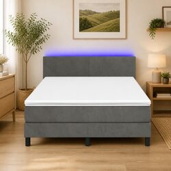 Queen Size Box Spring Bed with Pocket Spring Mattress LED Headboard Dark Grey