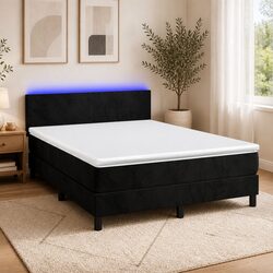 Queen Size Black Velvet Box Spring Bed with LED Headboard