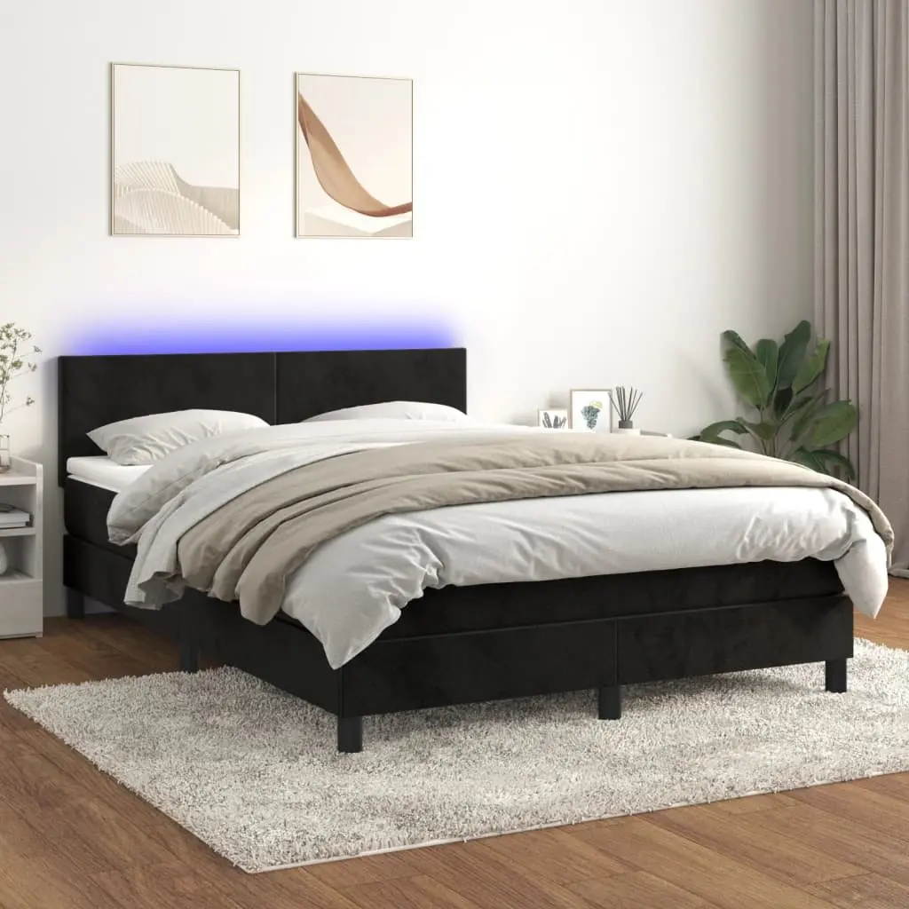 Queen Size Black Velvet Box Spring Bed with LED Headboard