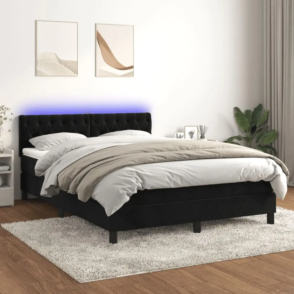 Queen Box Spring Bed Velvet 152x203cm Black with Pocket Mattress LED Headboard