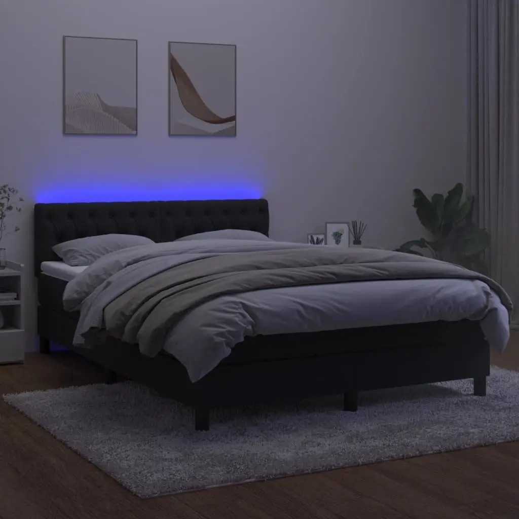 Queen Box Spring Bed Velvet 152x203cm Black with Pocket Mattress LED Headboard
