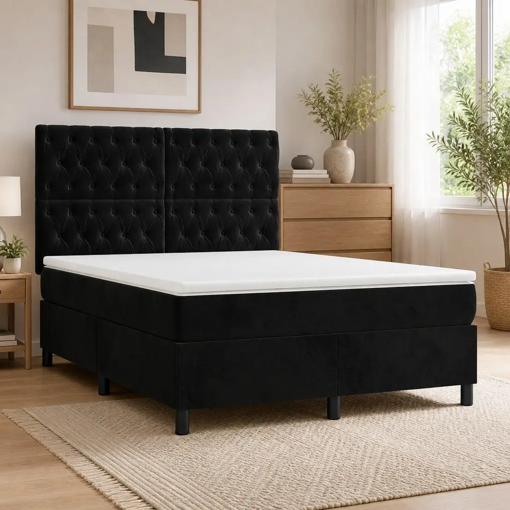 Black Velvet Box Spring Bed with Adjustable Mattress Set