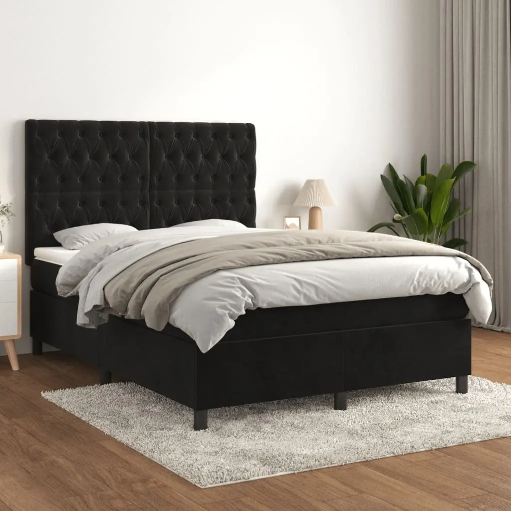 Black Velvet Box Spring Bed with Adjustable Mattress Set