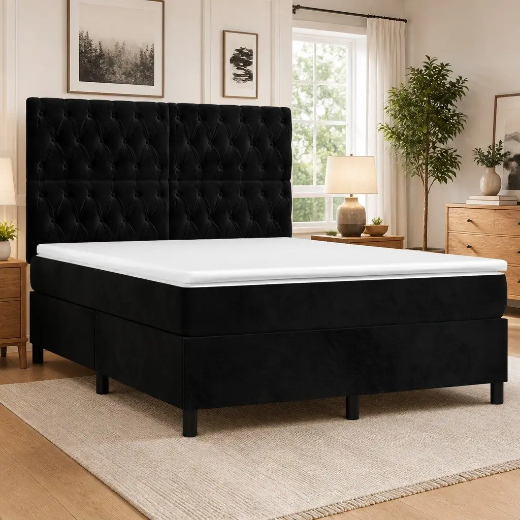 Queen Box Spring Bed with Velvet Headboard