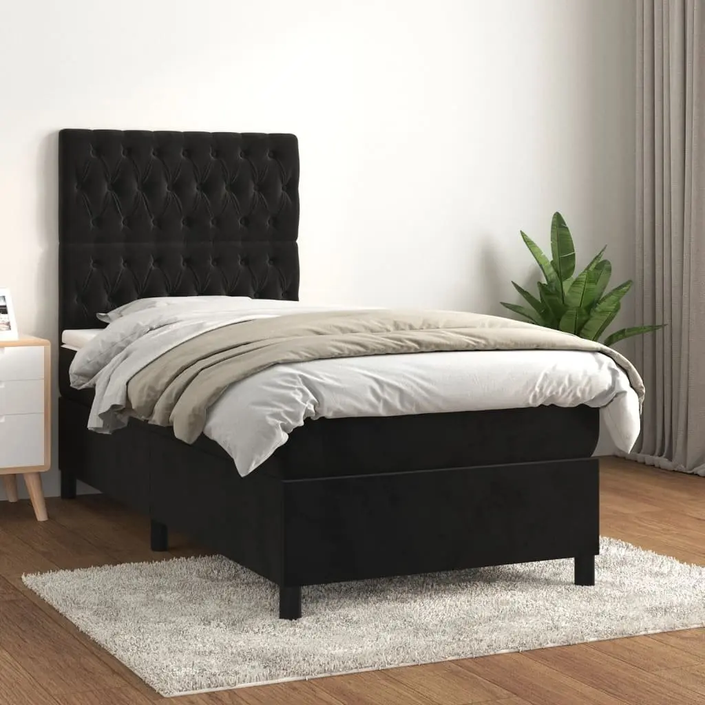 Box Spring Bed Velvet Pocket Spring Mattress King Single 106x203cm Black