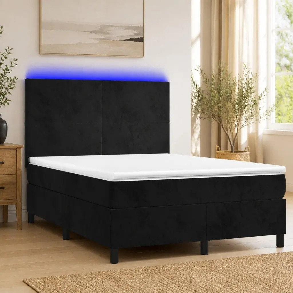 Queen Size Box Spring Bed with Mattress & LED Headboard