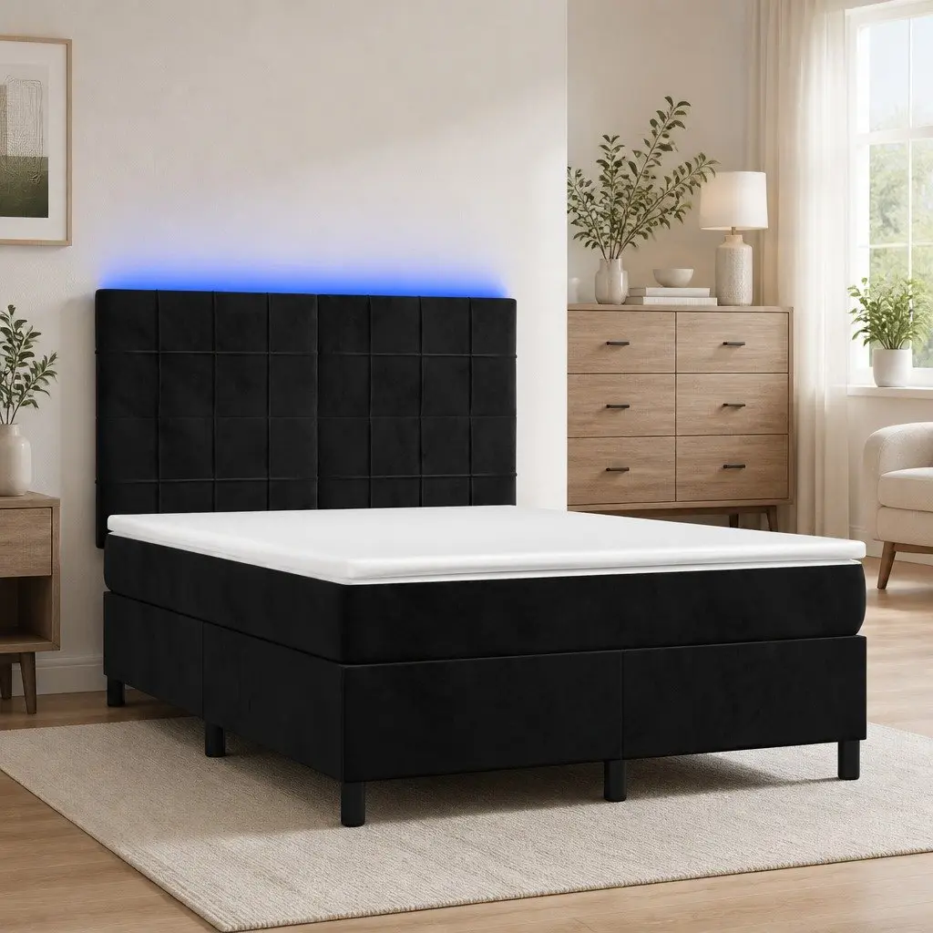 Queen Size Box Spring Bed with Velvet Headboard