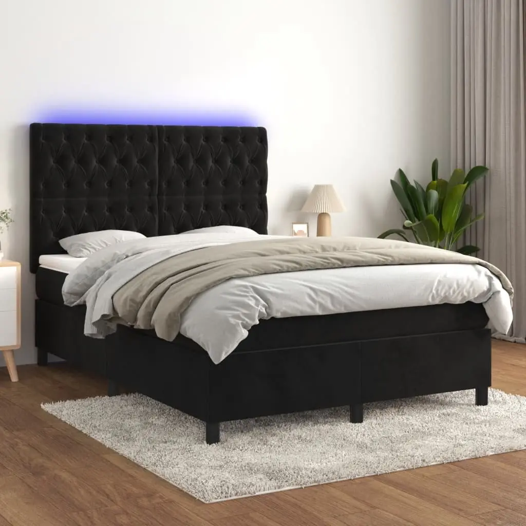 Box Spring Bed Velvet Queen Size Black with Pocket Spring Mattress and Adjustable LED Headboard