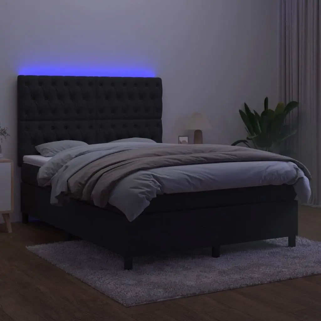 Box Spring Bed Velvet Queen Size Black with Pocket Spring Mattress and Adjustable LED Headboard