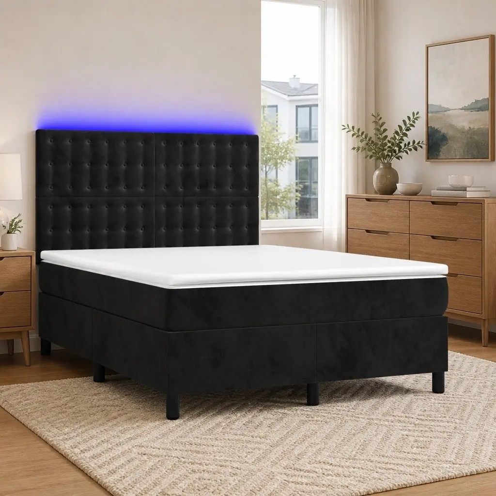 Queen Box Spring Bed with Adjustable LED Headboard