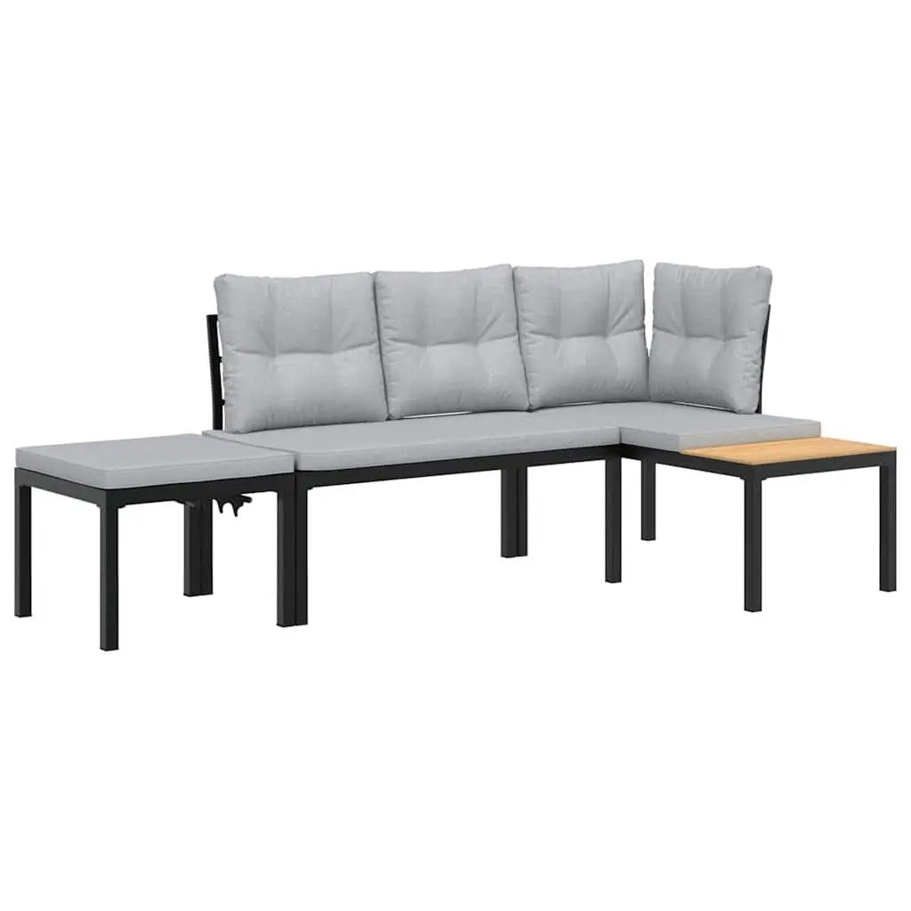 Garden Bench Set Powder-coated Steel Frame 3 Piece Outdoor Furniture Black