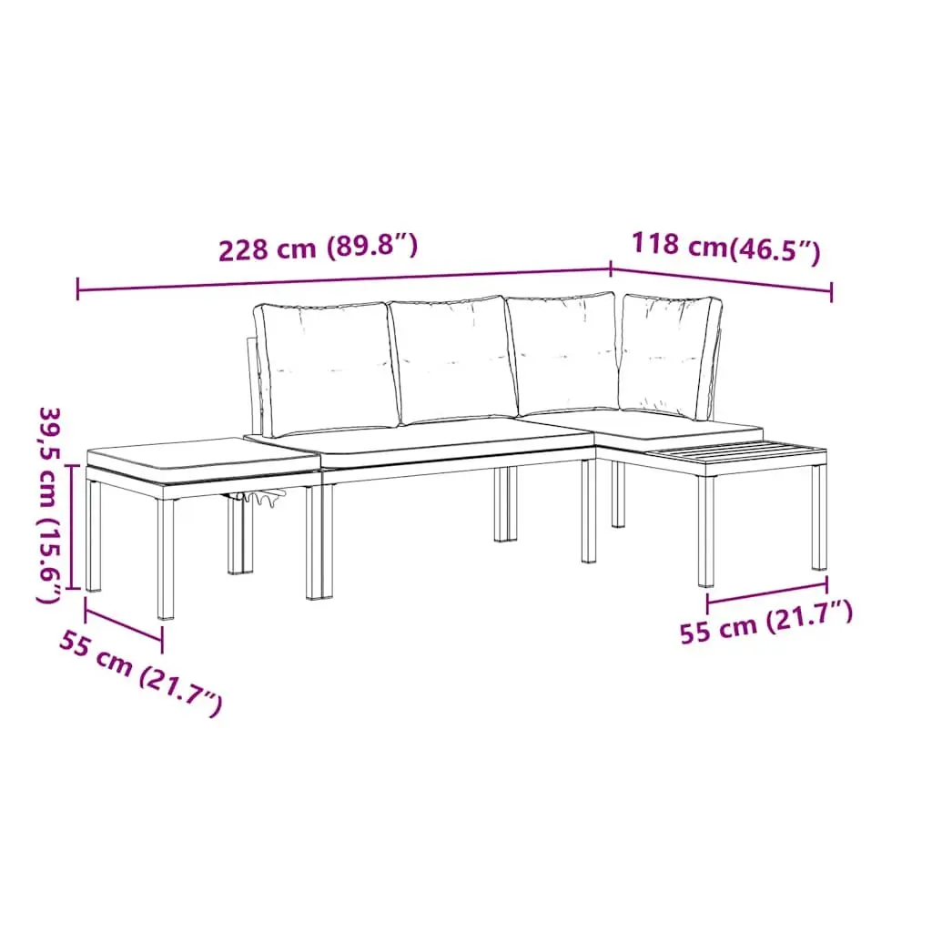Garden Bench Set Powder-coated Steel Frame 3 Piece Outdoor Furniture Black