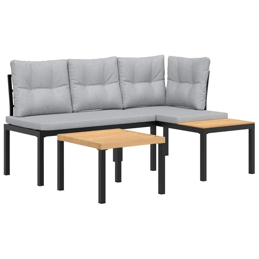 Garden Bench Set Powder-coated Steel 3 Piece Outdoor Furniture with Cushions Black