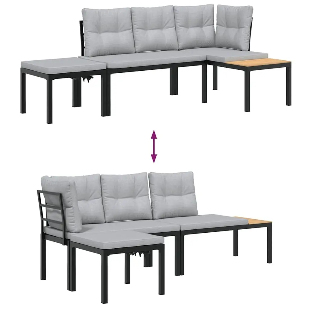 Garden Bench Set Powder-coated Steel 3 Piece Outdoor Furniture with Cushions Black