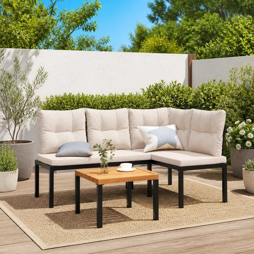 Garden Bench Set Powder-coated Steel 3 Pieces Black