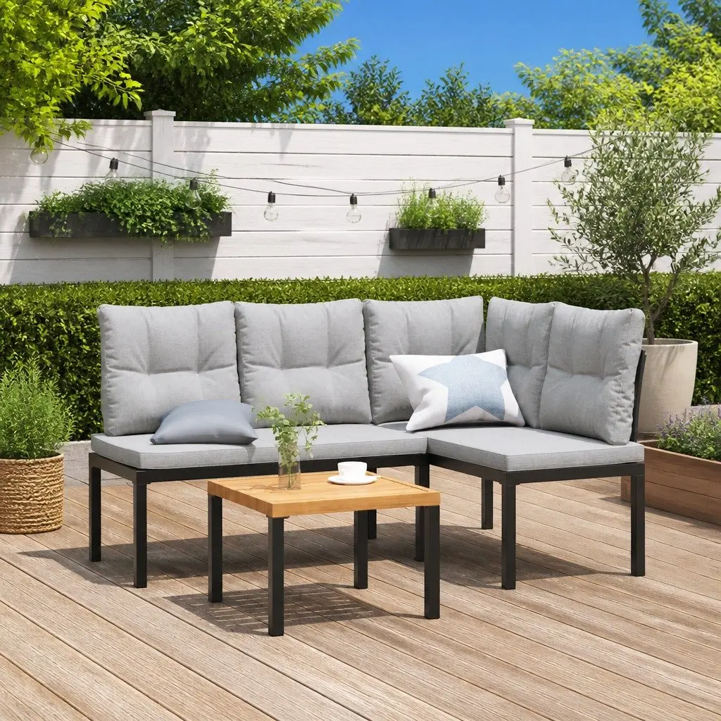 Patio Set Powder-coated Steel 3 Pieces Black Outdoor Furniture