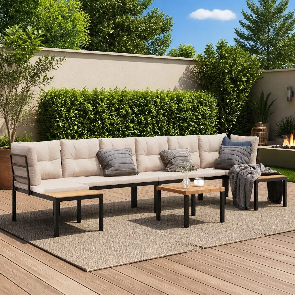 Garden Sofa Set Powder-coated Steel 5 Piece Taupe Cushions
