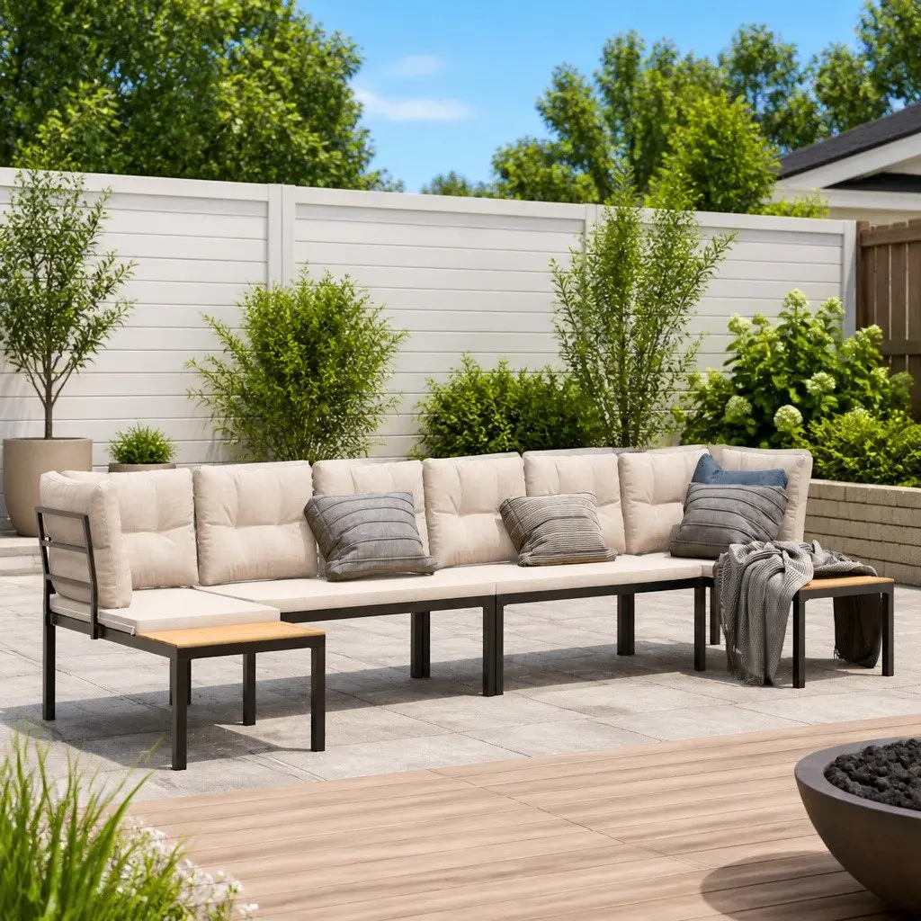 4 Piece Garden Sofa Set Powder-coated Steel Modular Taupe with Cushions and Side Table