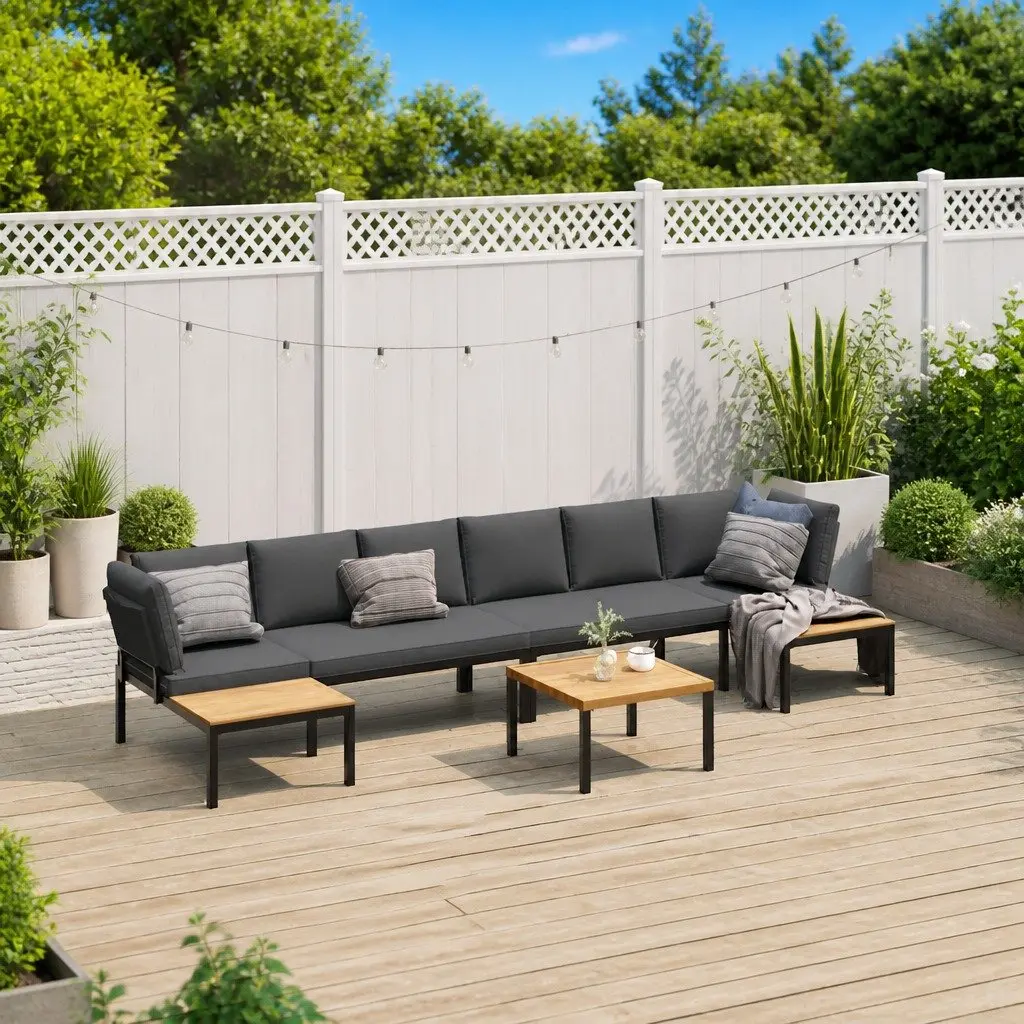 5 Piece Modular Garden Sofa Set Black Aluminium with Cushions