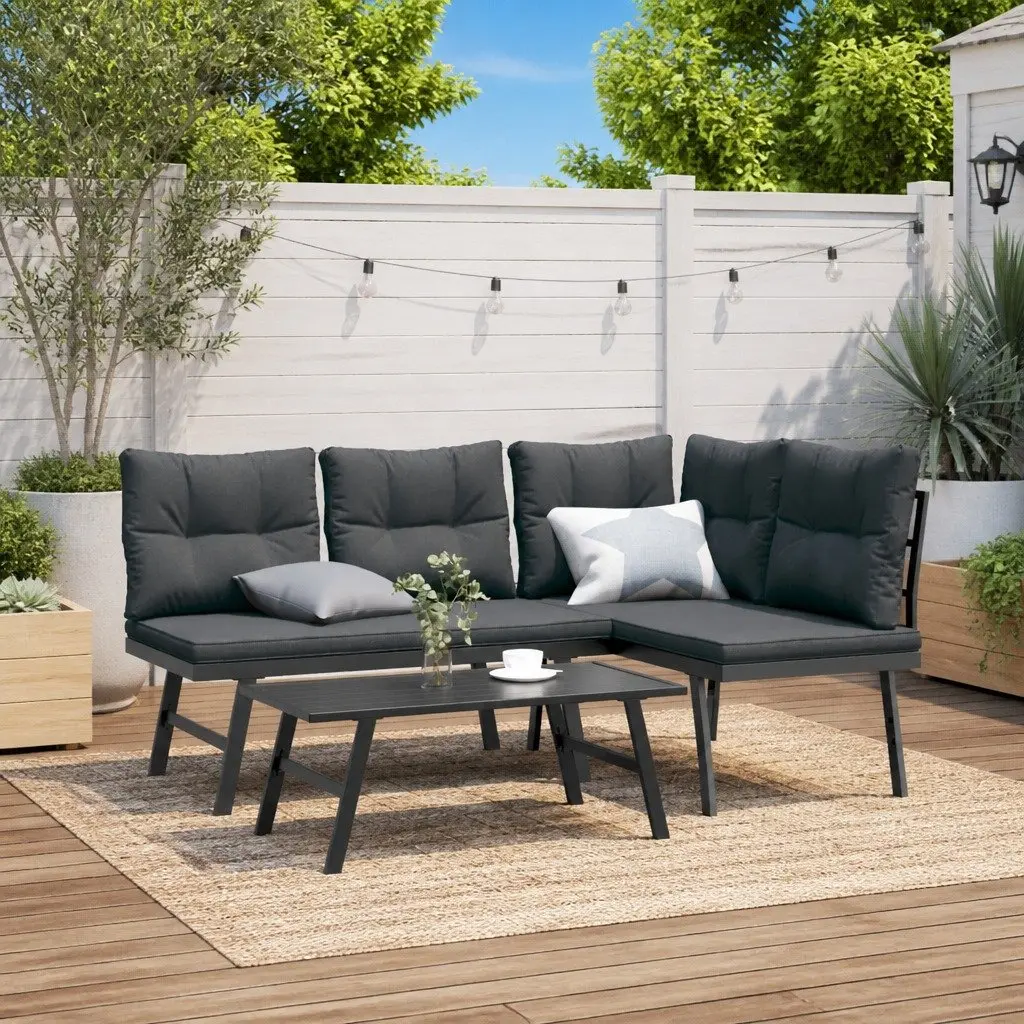 3 Piece Outdoor Garden Bench Set Black Powder-coated Steel Frame Cushions