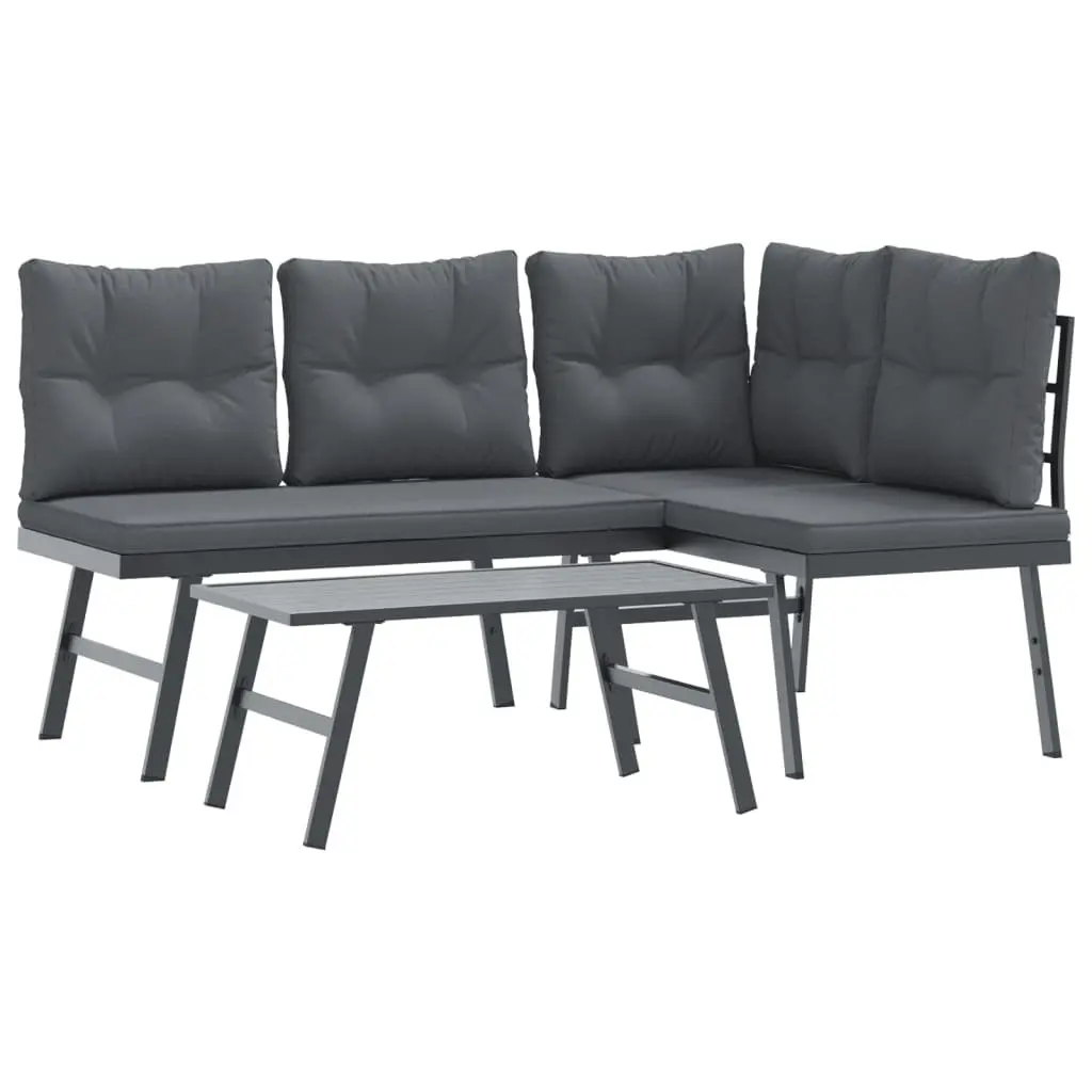 3 Piece Outdoor Garden Bench Set Black Powder-coated Steel Frame Cushions