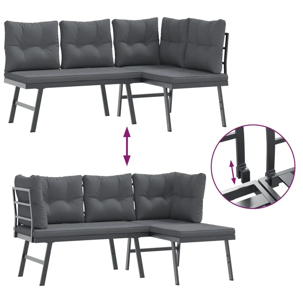 3 Piece Outdoor Garden Bench Set Black Powder-coated Steel Frame Cushions
