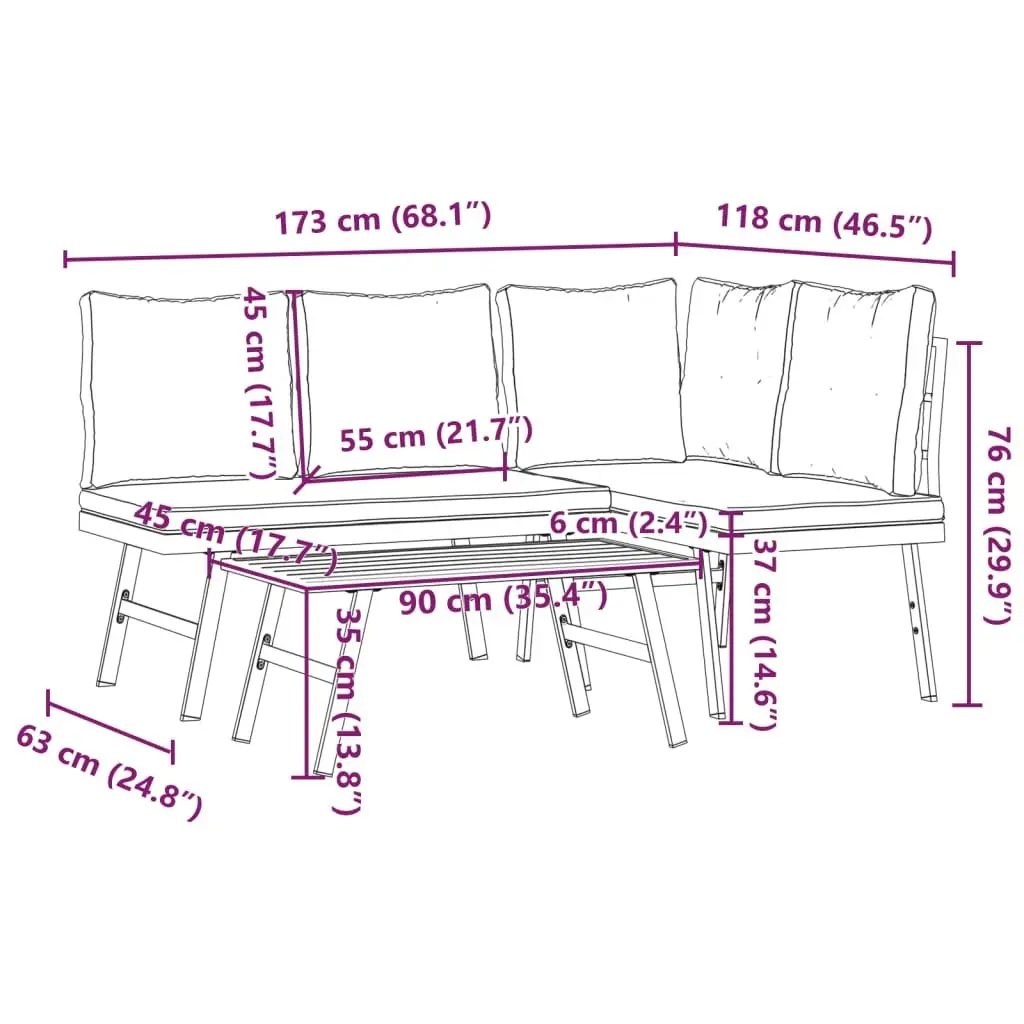 3 Piece Outdoor Garden Bench Set Black Powder-coated Steel Frame Cushions