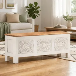 Elegant White Storage Chest with Hand-Carved Design