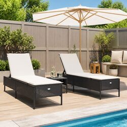 3-Piece Adjustable Black Poly Rattan Sun Lounger Set