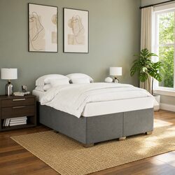 Double Bed Frame Grey Fabric Upholstered Slats Support Bedroom Furniture