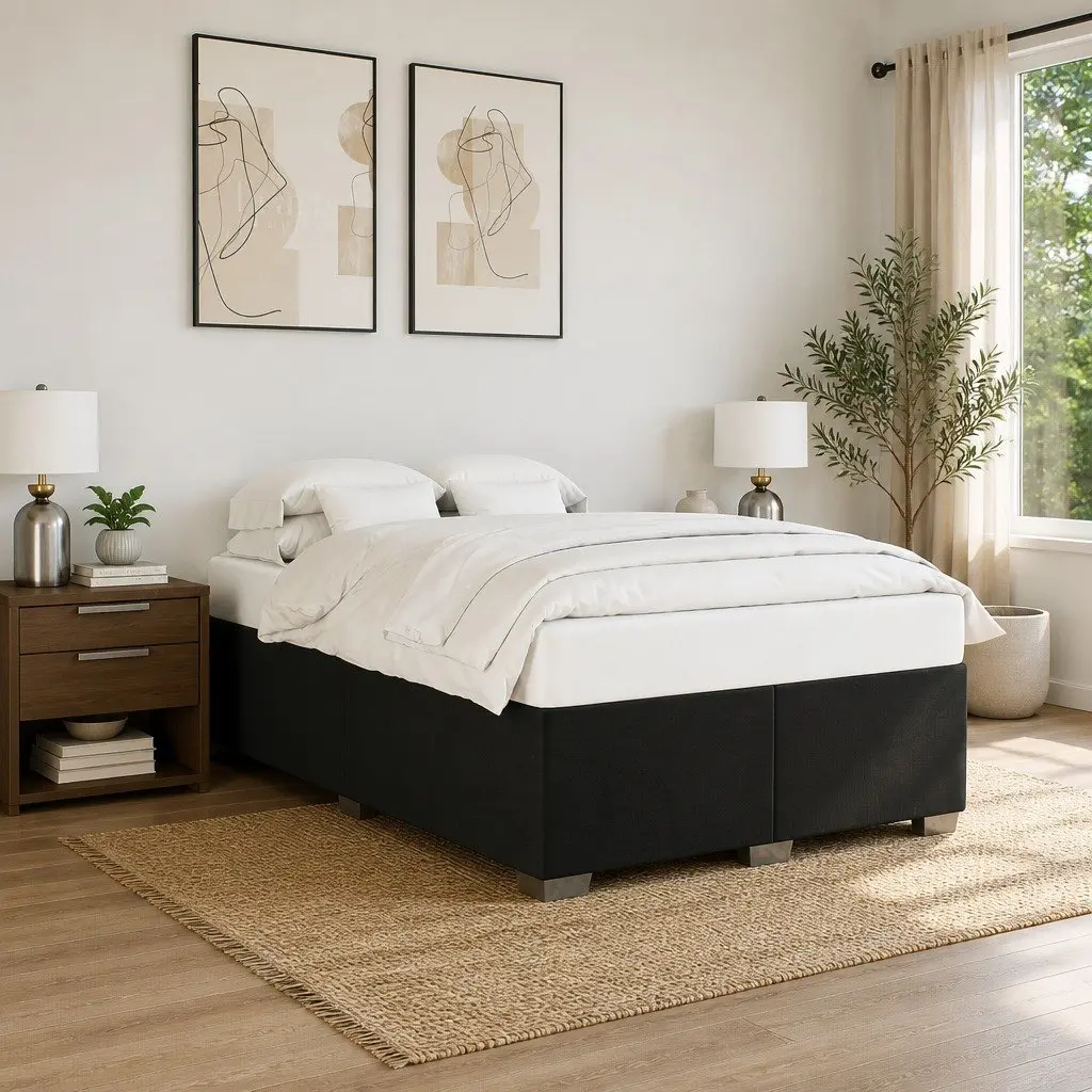 Black Fabric Double Bed Frame with Slat Support