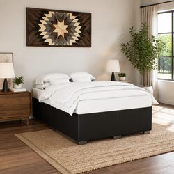Black Faux Leather Queen Bed Frame with Slats Support