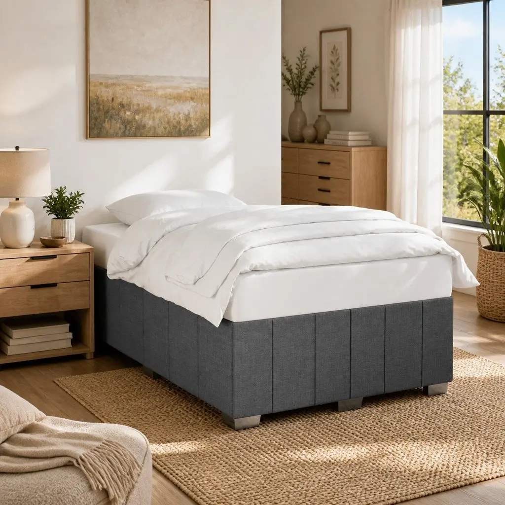 Grey Fabric Double Bed Frame with Wooden Slats
