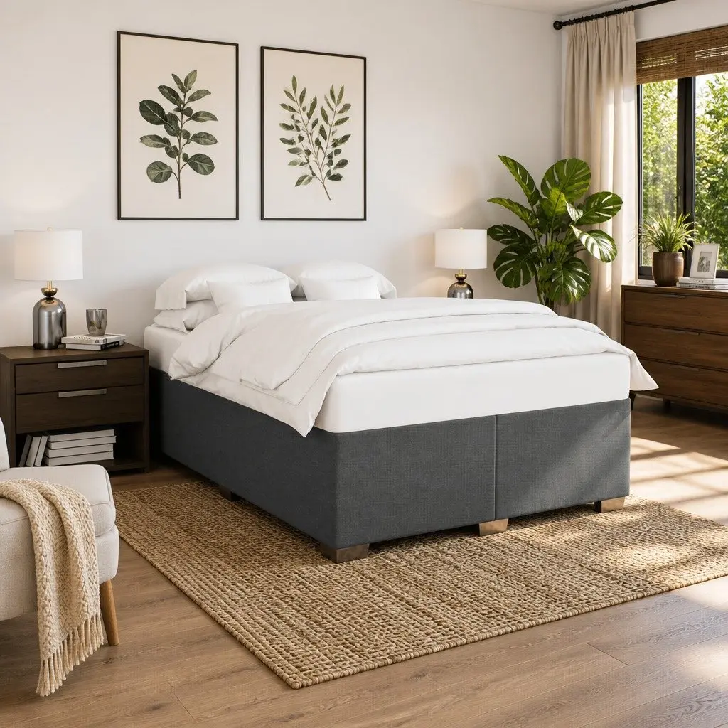 Light Grey Queen Box Spring Bed with Pocket Spring Topper