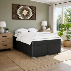 Double Box Spring Bed with Pocket Spring Mattress Black Faux Leather Frame