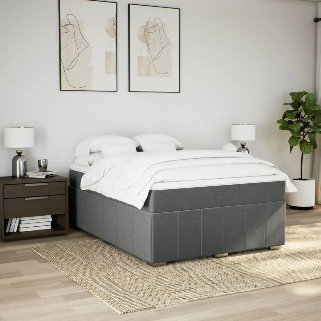 Box Spring Bed Pocket Spring Mattress Queen Size Grey Polyester Fabric Frame