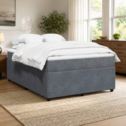 Box Spring Bed with Mattress Queen Size Grey Velvet Pocket Spring Frame