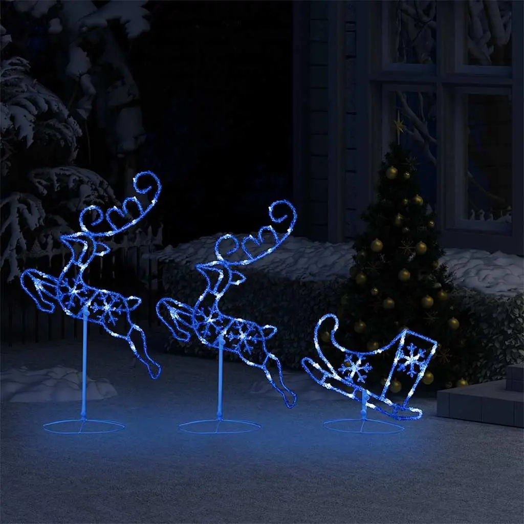 Christmas Decoration Acrylic 260cm Blue Flying Reindeer Sleigh with 72 LED Lights