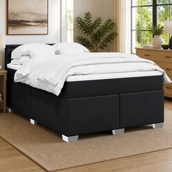 Queen Box Spring Bed with Pocket Spring Mattress Faux Leather Black Platform