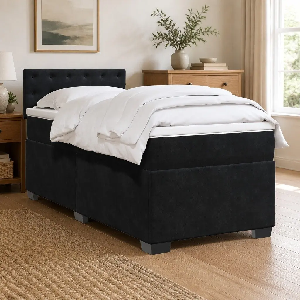 King Single Velvet Upholstered Box Spring Bed with Pocket Spring Mattress