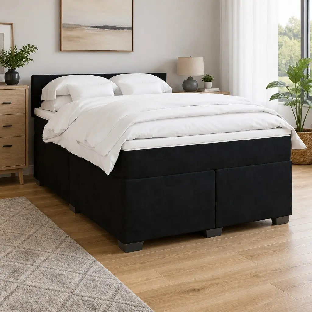 Queen Box Spring Bed with Grey Velvet Upholstered Frame
