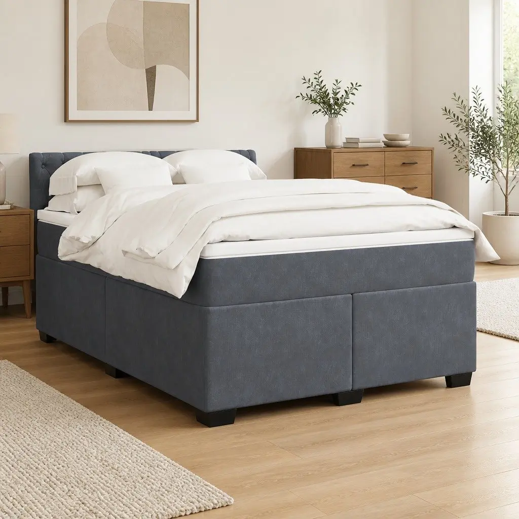 Box Spring Bed Velvet Upholstered Queen Size Black Pocket Mattress with Slats