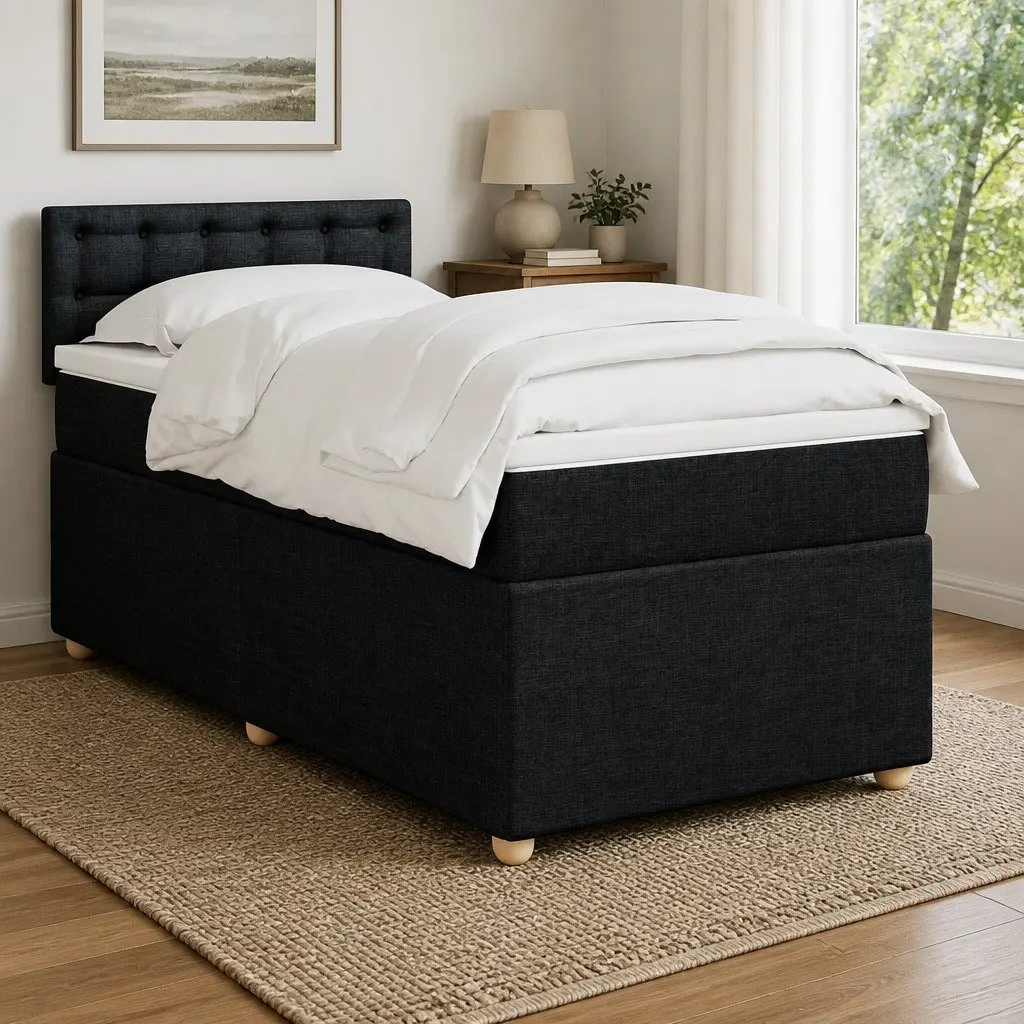 King Single Box Spring Bed with Pocket Mattress Black Fabric Bedroom Furniture