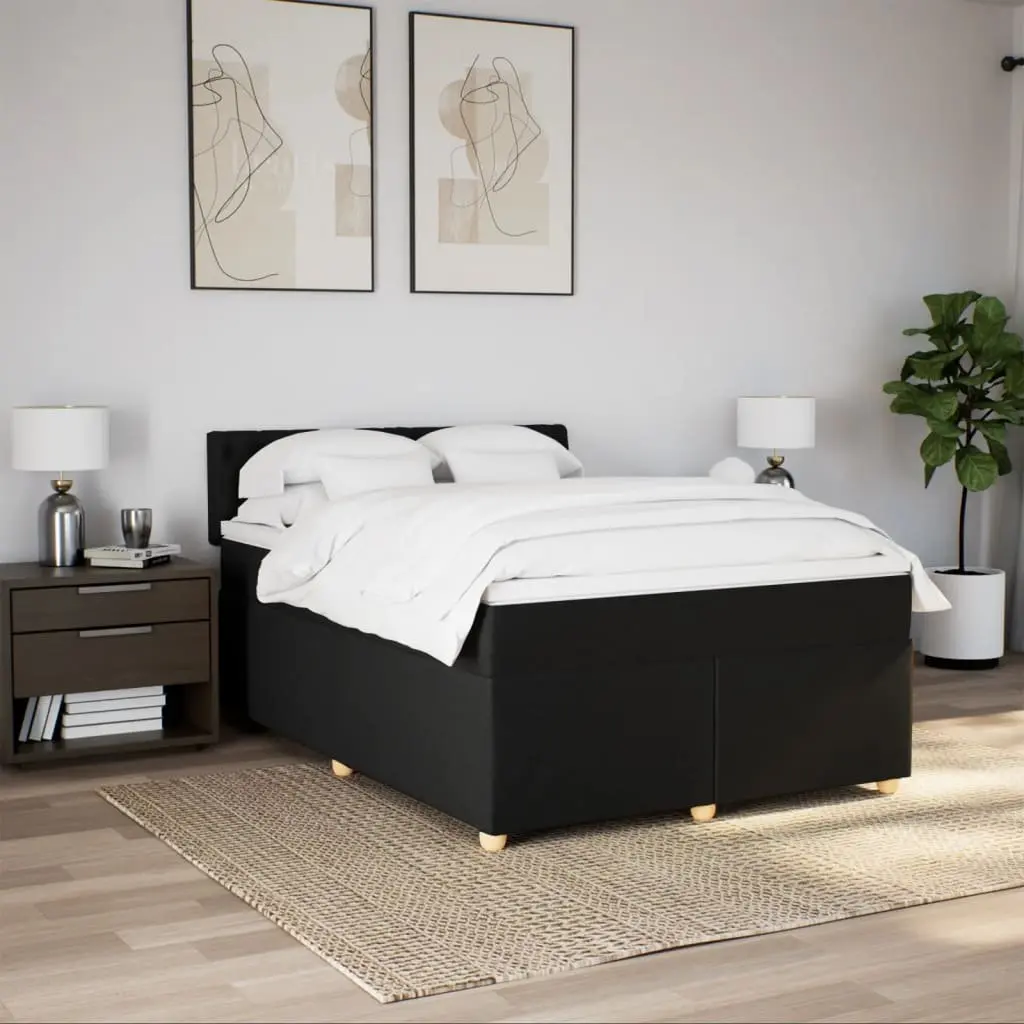 Black Fabric Double Box Spring Bed with Mattress