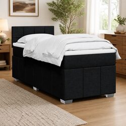 King Single Box Spring Bed with Pocket Mattress Black Fabric Frame Slats